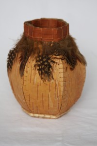 Stitched Birch Bark vessel with feather trim